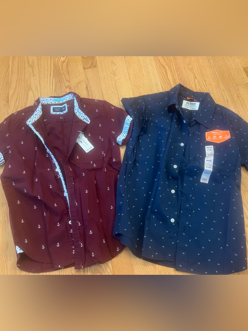 Navy and Burgundy Anchor Print Button-Up Shirts